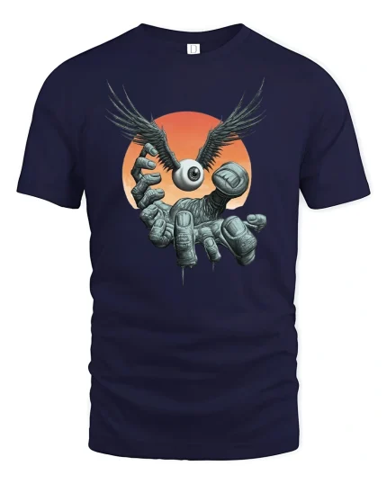Winged Eyeball Hand T-Shirt - navy t-shirt on white background