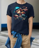 Funny Monkey Skateboarding T-Shirt - model wearing Navy T-shirt, hands in pockets, denim shirt at waist