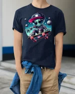 Alien Skateboarding T-Shirt - model wearing Navy T-shirt, hands in pockets, denim shirt at waist