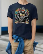 Cool Hip Hop Gorilla T-Shirt - model wearing Navy T-shirt, hands in pockets, denim shirt at waist