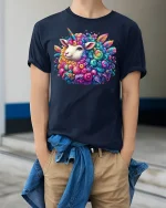 Magical Rainbow Sheep Unicorn Tee - model wearing Navy T-shirt, hands in pockets, denim shirt at waist
