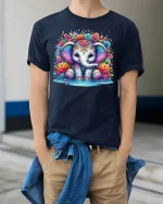 Cute Colorful Elephant Tee - model wearing Navy T-shirt, hands in pockets, denim shirt at waist