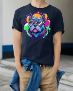 Cool Dog Tee with Sunglasses - model wearing Navy T-shirt, hands in pockets, denim shirt at waist