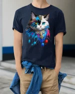 Mystic Colorful Cat T-Shirt - model wearing Navy T-shirt, hands in pockets, denim shirt at waist