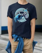 Epic Gamer Controller T-Shirt - model wearing Navy T-shirt, hands in pockets, denim shirt at waist