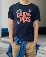 Buenos Días Butterfly T-Shirt - model wearing Navy T-shirt, hands in pockets, denim shirt at waist