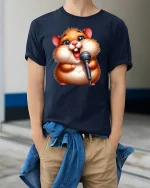 Singing Hamster T-Shirt - model wearing Navy T-shirt, hands in pockets, denim shirt at waist