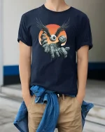 Winged Eyeball Hand T-Shirt - model wearing Navy T-shirt, hands in pockets, denim shirt at waist
