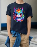 Rainbow Demon Kawaii Monster - model wearing Navy T-shirt, hands in pockets, denim shirt at waist
