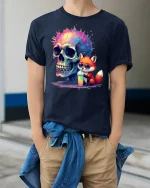 Cosmic Skull Fox T-Shirt - model wearing Navy T-shirt, hands in pockets, denim shirt at waist