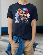 Punk Biker Bear T-Shirt - model wearing Navy T-shirt, hands in pockets, denim shirt at waist