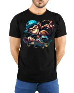 Funny Monkey Skateboarding T-Shirt - model with hands behind back, wearing Black T-shirt and blue jeans