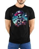 Alien Skateboarding T-Shirt - model with hands behind back, wearing Black T-shirt and blue jeans