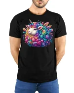 Magical Rainbow Sheep Unicorn Tee - model with hands behind back, wearing Black T-shirt and blue jeans