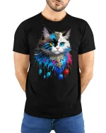 Mystic Colorful Cat T-Shirt - model with hands behind back, wearing Black T-shirt and blue jeans