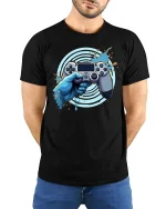 Epic Gamer Controller T-Shirt - model with hands behind back, wearing Black T-shirt and blue jeans
