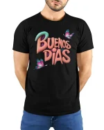 Buenos Días Butterfly T-Shirt - model with hands behind back, wearing Black T-shirt and blue jeans