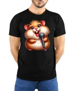 Singing Hamster T-Shirt - model with hands behind back, wearing Black T-shirt and blue jeans