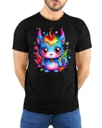 Rainbow Demon Kawaii Monster - model with hands behind back, wearing Black T-shirt and blue jeans