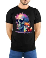 Cosmic Skull Fox T-Shirt - model with hands behind back, wearing Black T-shirt and blue jeans