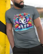 Cute Colorful Elephant Tee - model leaning on yellow-black pole, wearing Gray T-shirt, hand in pocket