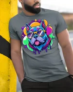 Cool Dog Tee with Sunglasses - model leaning on yellow-black pole, wearing Gray T-shirt, hand in pocket