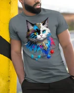 Mystic Colorful Cat T-Shirt - model leaning on yellow-black pole, wearing Gray T-shirt, hand in pocket