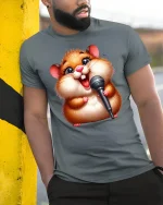Singing Hamster T-Shirt - model leaning on yellow-black pole, wearing Gray T-shirt, hand in pocket