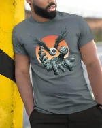 Winged Eyeball Hand T-Shirt - model leaning on yellow-black pole, wearing Gray T-shirt, hand in pocket