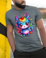 Rainbow Demon Kawaii Monster - model leaning on yellow-black pole, wearing Gray T-shirt, hand in pocket