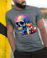 Cosmic Skull Fox T-Shirt - model leaning on yellow-black pole, wearing Gray T-shirt, hand in pocket