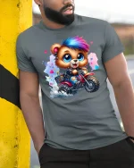 Punk Biker Bear T-Shirt - model leaning on yellow-black pole, wearing Gray T-shirt, hand in pocket