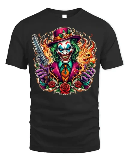 Psycho Joker Fire Skull T-shirt for Men - black t-shirt on white background