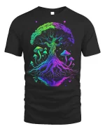 Psychedelic Tree and Mushroom T-shirt Art - black t-shirt on white background