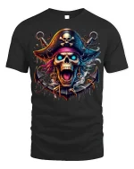 Flaming Skull Pirate T-shirt with Neon Artwork - black t-shirt on white background
