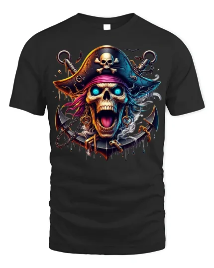 Flaming Skull Pirate T-shirt with Neon Artwork - black t-shirt on white background