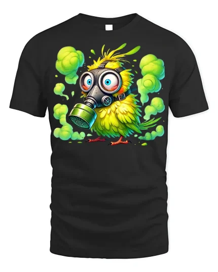 Funny Toxic Bird in Gas Mask T-shirt Design - black t-shirt on white background