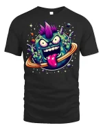 Punk Planet Cartoon T-shirt with Space Art Print - black t-shirt on white background
