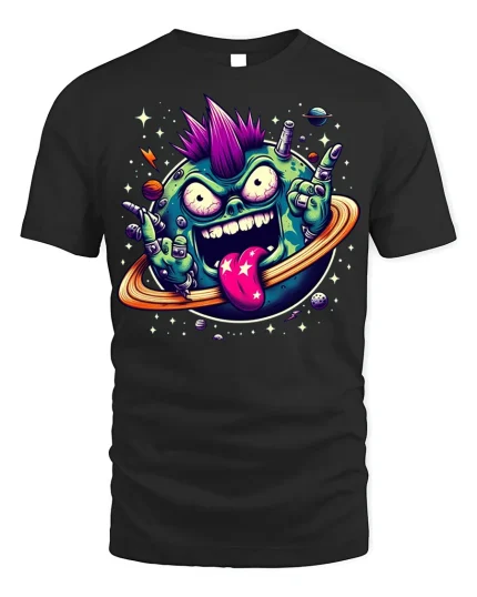 Punk Planet Cartoon T-shirt with Space Art Print - black t-shirt on white background