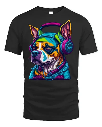 Cool DJ Dog T-shirt with Headphones Graphic - black t-shirt on white background