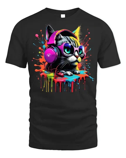 Cool Cat T-shirt with Headphones and Paint Splash - black t-shirt on white background