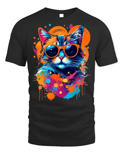 Colorful Cool Cat T-shirt with Sunglasses Art - black t-shirt on white background