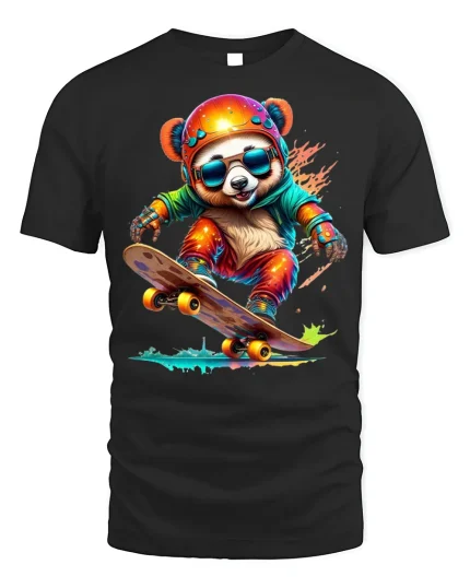 Skater Panda T-shirt with Colorful Street Art - black t-shirt on white background