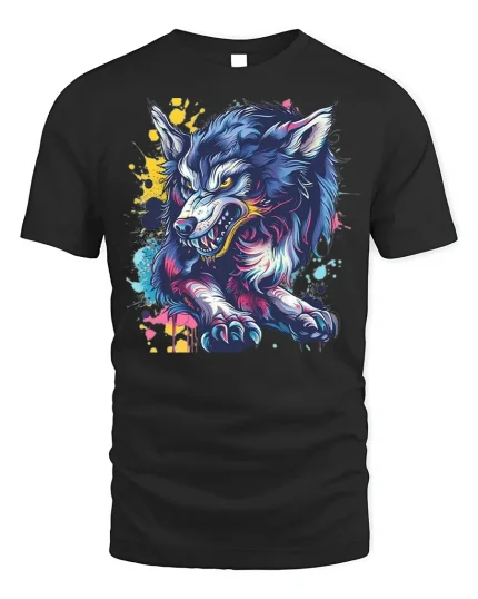 Neon Wild Wolf T-shirt with Street Art Style - black t-shirt on white background