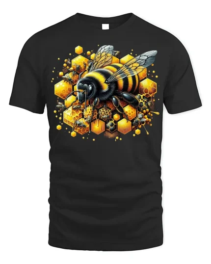 Honeycomb Bee Graphic T-shirt for Nature Lovers - black t-shirt on white background