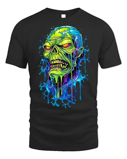 Neon Melting Zombie Head T-shirt for Men - black t-shirt on white background