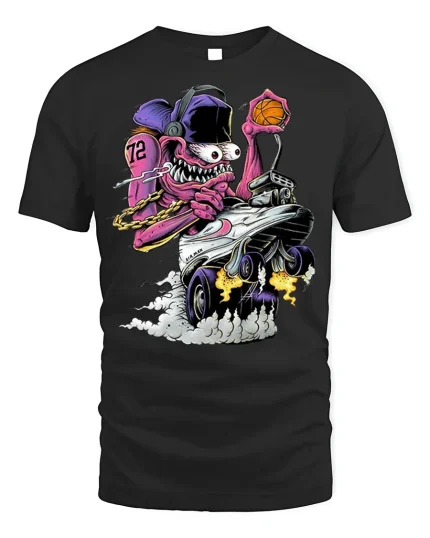 Crazy Monster Basketball Car T-shirt Design - black t-shirt on white background