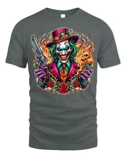 Psycho Joker Fire Skull T-shirt for Men - gray t-shirt on white background