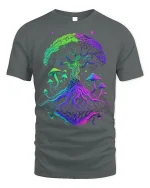 Psychedelic Tree and Mushroom T-shirt Art - gray t-shirt on white background