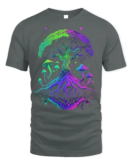 Psychedelic Tree and Mushroom T-shirt Art - gray t-shirt on white background